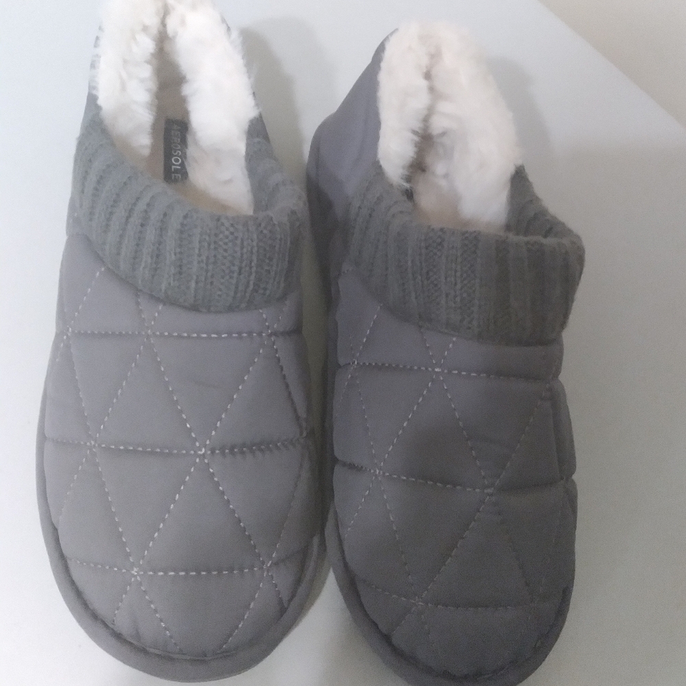 AEROSOLES Fuzzy Quilted Faux Fur Lined Gray Knit Cuff‎ Winter Slippers XL
